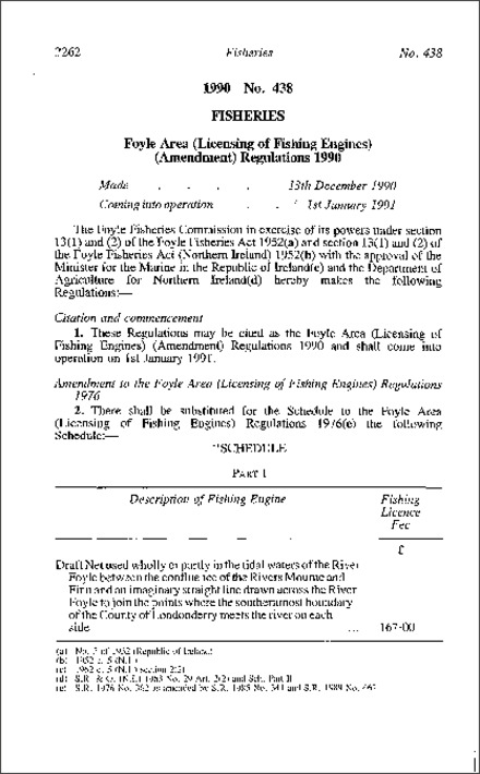 The Foyle Area (Licensing of Fishing Engines) (Amendment) Regulations (Northern Ireland) 1990
