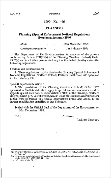 The Planning (Special Enforcement Notices) Regulations (Northern Ireland) 1990
