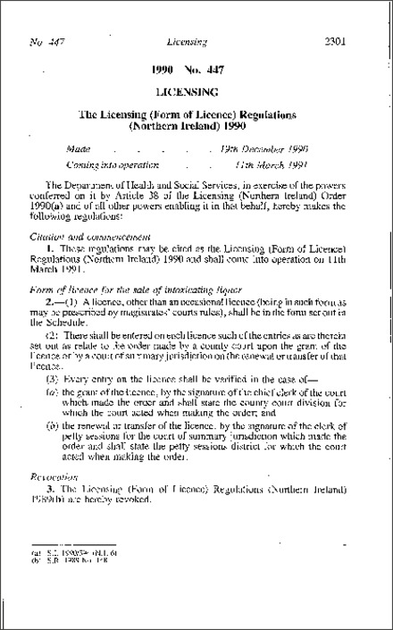 The Licensing (Form of Licence) Regulations (Northern Ireland) 1990