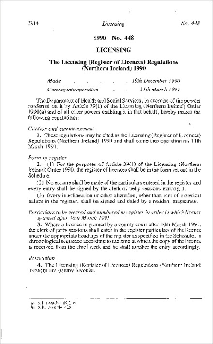 The Licensing (Register of Licences) Regulations (Northern Ireland) 1990