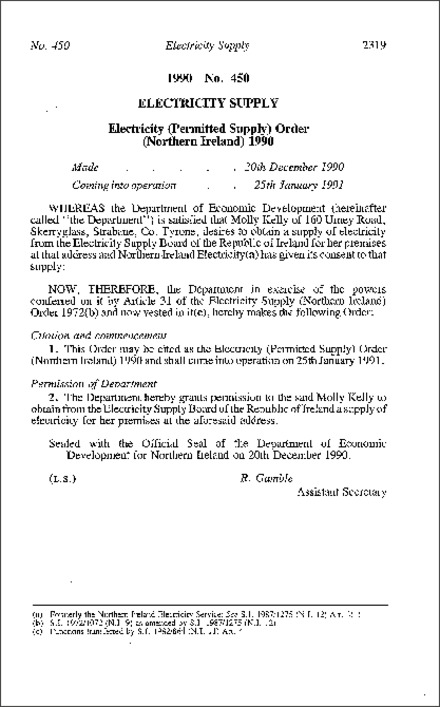 The Electricity (Permitted Supply) Order (Northern Ireland) 1990
