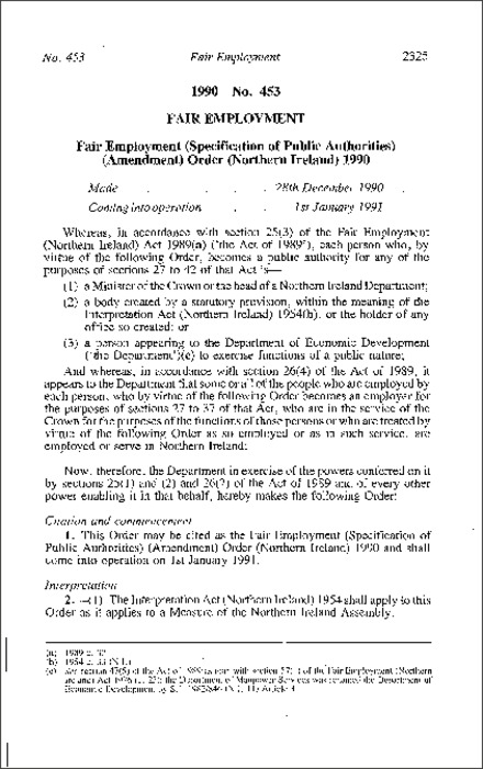 The Fair Employment (Specification of Public Authorities) (Amendment) Order (Northern Ireland) 1990
