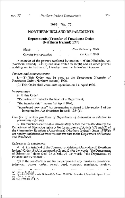The Departments (Transfer of Functions) Order (Northern Ireland) 1990