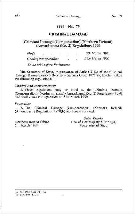 The Criminal Damage (Compensation) (Northern Ireland) (Amendment) (No. 2) Regulations (Northern Ireland) 1990
