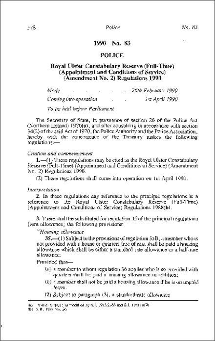The Royal Ulster Constabulary Reserve (Full-time) (Appointment and Conditions of Service) (Amendment No. 2) Regulations (Northern Ireland) 1990