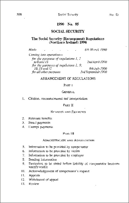 The Social Security (Recoupment) Regulations (Northern Ireland) 1990