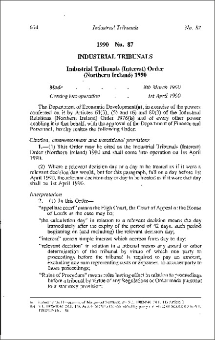 The Industrial Tribunals (Interest) Order (Northern Ireland) 1990