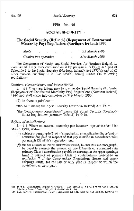 The Social Security (Refunds) (Repayment of Contractual Maternity Pay) Regulations (Northern Ireland) 1990
