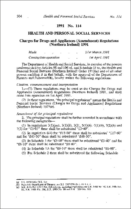 The Charges for Drugs and Appliances (Amendment) Regulations (Northern Ireland) 1991
