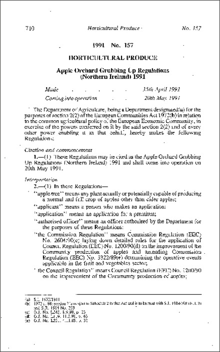 The Apple Orchard Grubbing Up Regulations (Northern Ireland) 1991