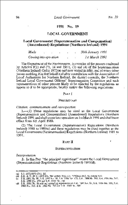 Local Government (Superannuation and Compensation) (Amendment) Regulations (Northern Ireland) 1991