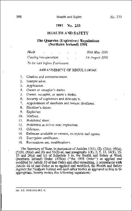 The Quarries (Explosives) Regulations (Northern Ireland) 1991