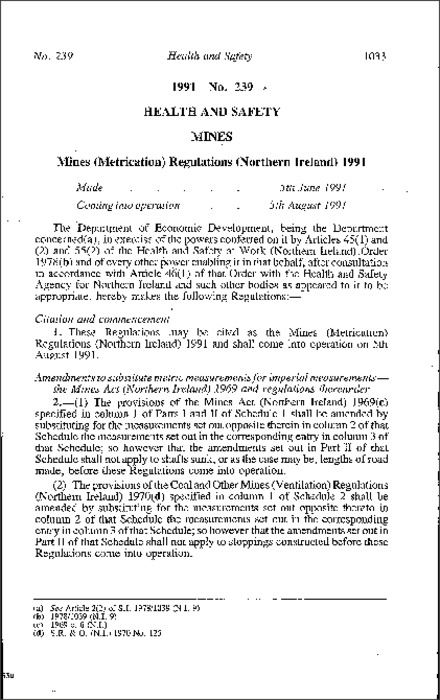The Mines (Metrication) Regulations (Northern Ireland) 1991