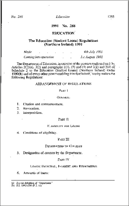 The Education (Student Loans) Regulations (Northern Ireland) 1991