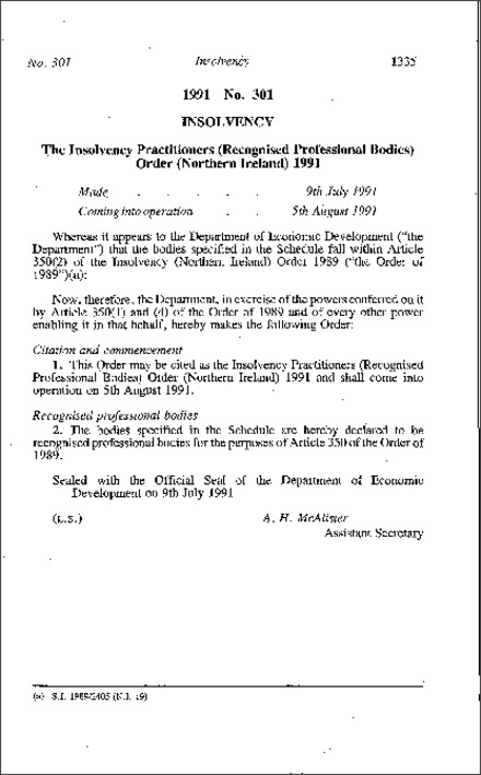 The Insolvency Practitioners (Recognised Professional Bodies) Order (Northern Ireland) 1991