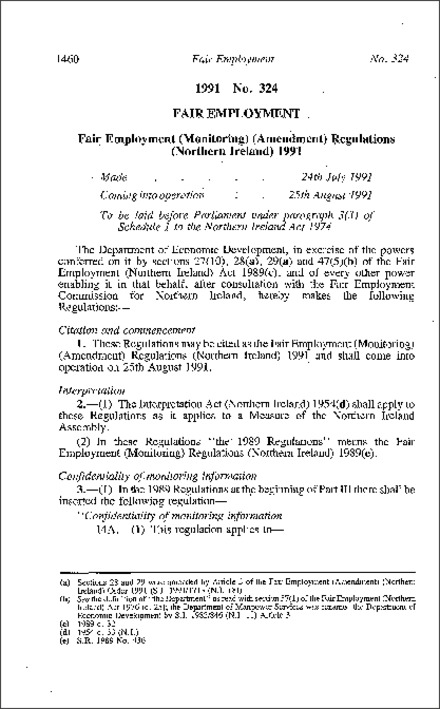 The Fair Employment (Monitoring) (Amendment) Regulations (Northern Ireland) 1991