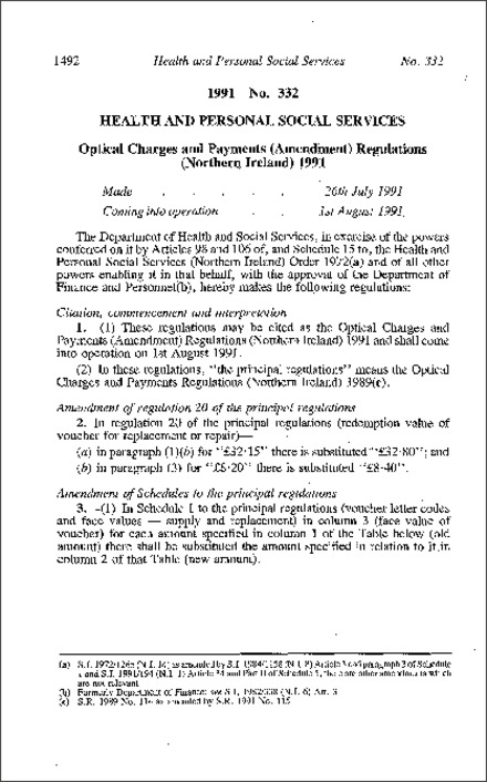 The Optical Charges and Payment (Amendment) Regulations (Northern Ireland) 1991
