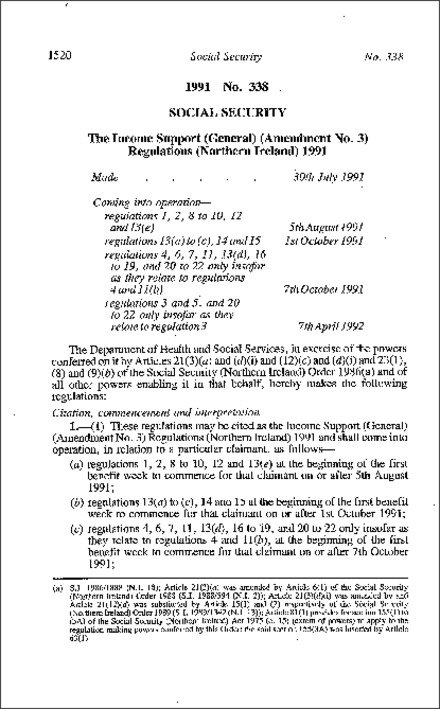 The Income Support (General) (Amendment No. 3) Regulations (Northern Ireland) 1991