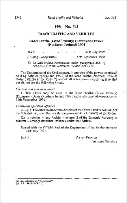 The Road Traffic (Fixed Penalty) (Extension) Order (Northern Ireland) 1991
