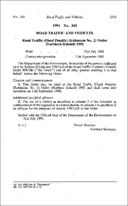 The Road Traffic (Fixed Penalty) (Extension No. 2) Order (Northern Ireland) 1991