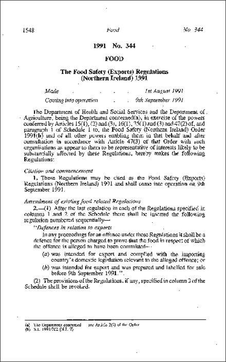 The Food Safety (Exports) Regulations (Northern Ireland) 1991