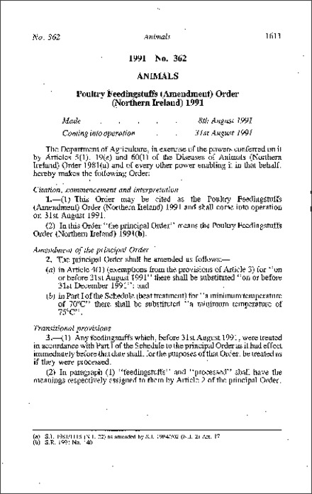 The Poultry Feedingstuffs (Amendment) Order (Northern Ireland) 1991