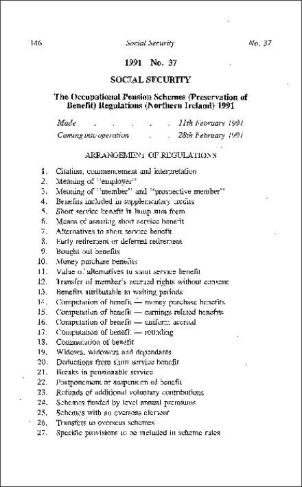 The Occupational Pension Scheme (Preservation of Benefit) Regulations (Northern Ireland) 1991