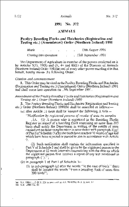 The Poultry Breeding Flocks and Hatcheries (Registration and Testing etc.) (Amendment) Order (Northern Ireland) 1991