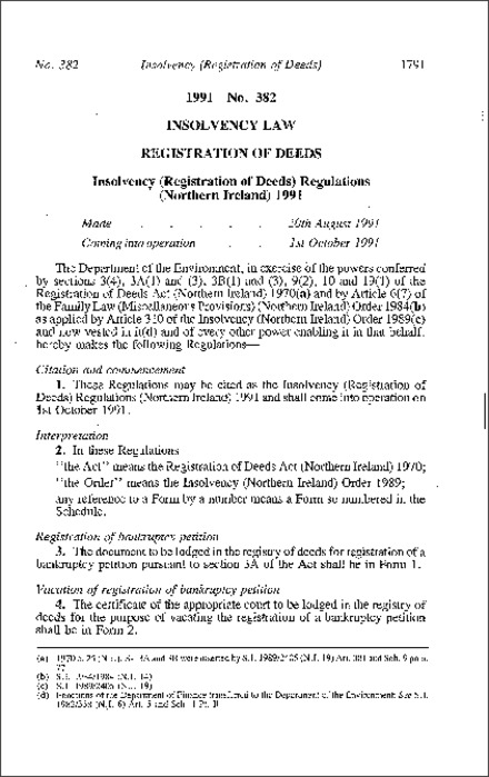 The Insolvency (Registration of Deeds) Regulations (Northern Ireland) 1991