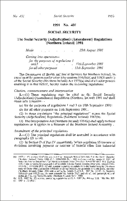 The Social Security (Adjudication) (Amendment) Regulations (Northern Ireland) 1991