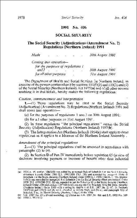 The Social Security (Adjudication) (Amendment No. 2) Regulations (Northern Ireland) 1991