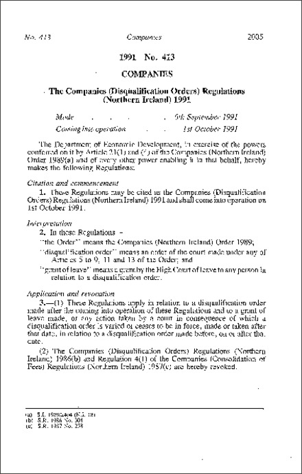 The Companies (Disqualification Order) Regulations (Northern Ireland) 1991