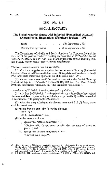 The Social Security (Industrial Injuries) (Prescribed Diseases) (Amendment) Regulations (Northern Ireland) 1991