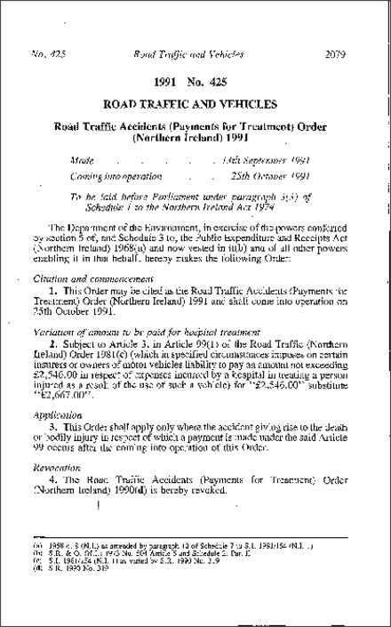The Road Traffic Accident (Payments for Treatment) Order (Northern Ireland) 1991