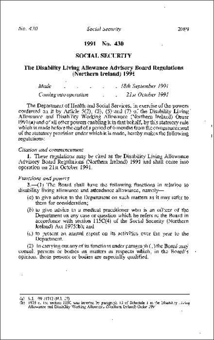The Disability Living Allowance Advisory Board Regulations (Northern Ireland) 1991