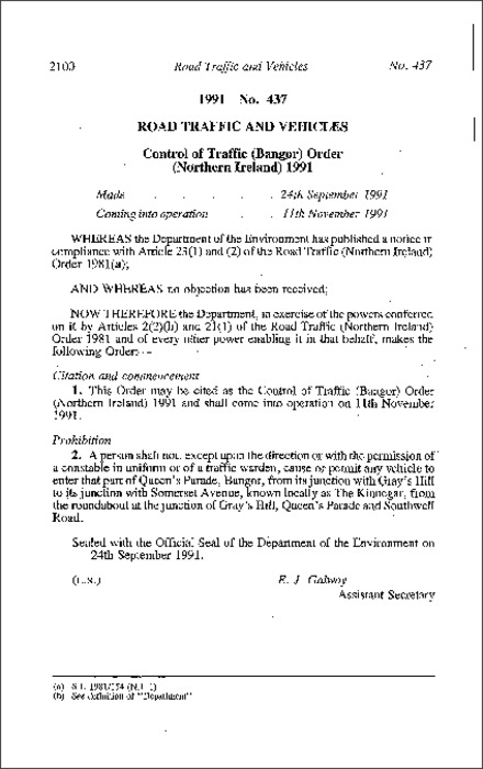 The Control of Traffic (Bangor) Order (Northern Ireland) 1991