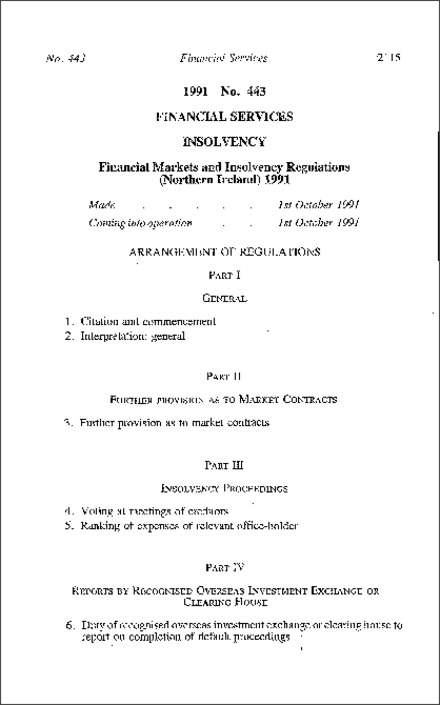 The Financial Markets and Insolvency Regulations (Northern Ireland) 1991