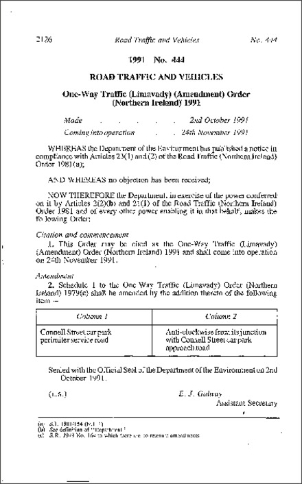 The One-Way Traffic (Limavady) (Amendment) Order (Northern Ireland) 1991