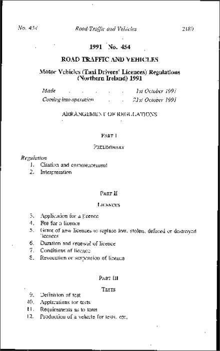 The Motor Vehicles (Taxi Drivers' Licences) Regulations (Northern Ireland) 1991