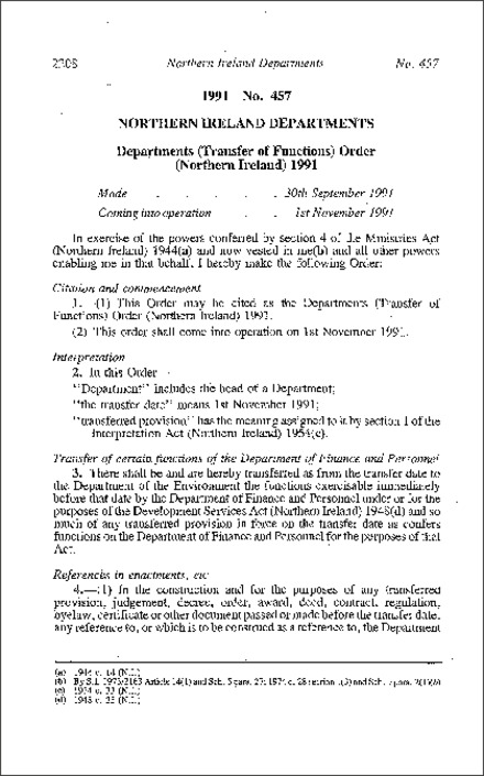 The Departments (Transfer of Functions) Order (Northern Ireland) 1991