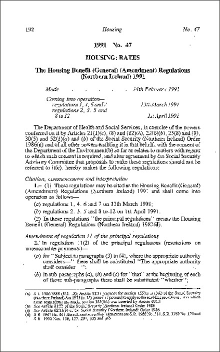 The Housing Benefit (General) (Amendment) Regulations (Northern Ireland) 1991