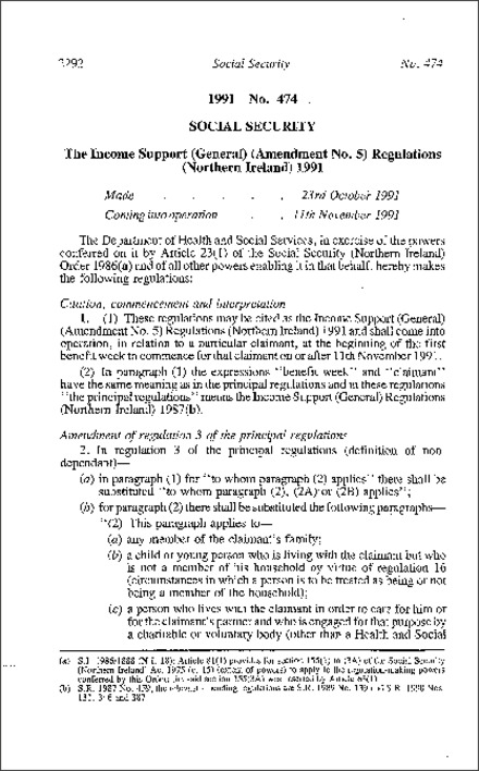 The Income Support (General) (Amendment No. 5) Regulations (Northern Ireland) 1991