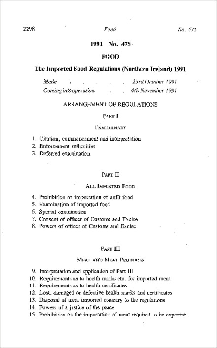 The Imported Food Regulations (Northern Ireland) 1991