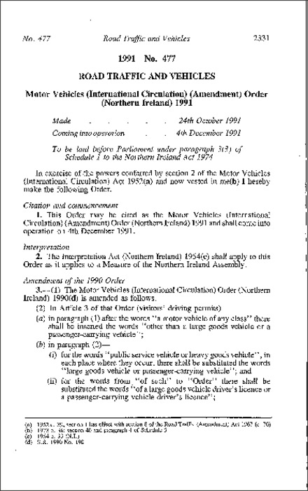 The Motor Vehicles (International Circulation) (Amendment) Order (Northern Ireland) 1991