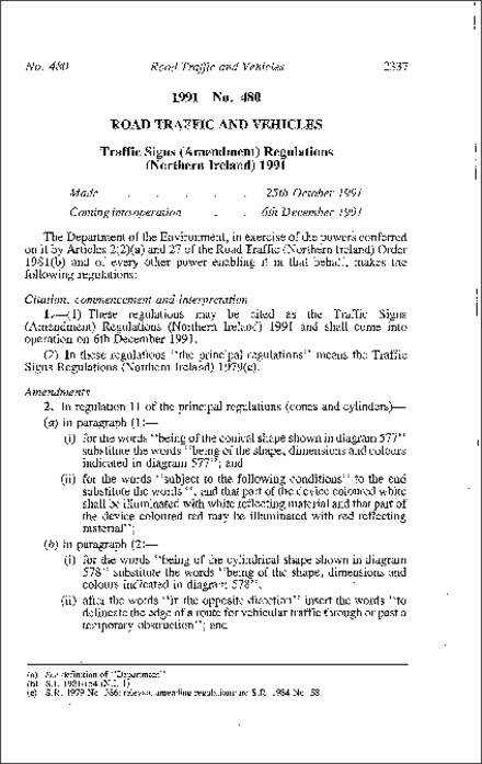 The Traffic Signs (Amendment) Regulations (Northern Ireland) 1991