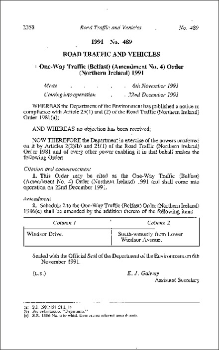 The One-Way Traffic (Belfast) (Amendment No. 4) Order (Northern Ireland) 1991