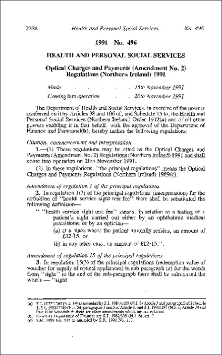 The Optical Charges and Payments (Amendment No. 2) Regulations (Northern Ireland) 1991