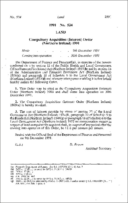 The Compulsory Acquisition (Interest) Order (Northern Ireland) 1991