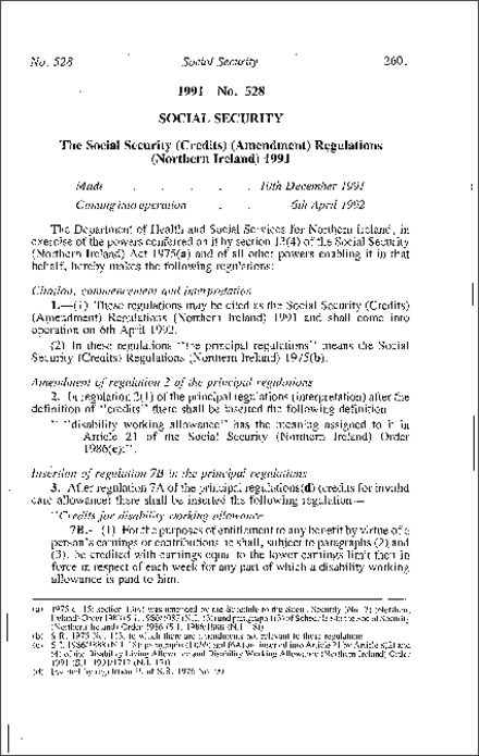 The Social Security (Credits) (Amendment) Regulations (Northern Ireland) 1991