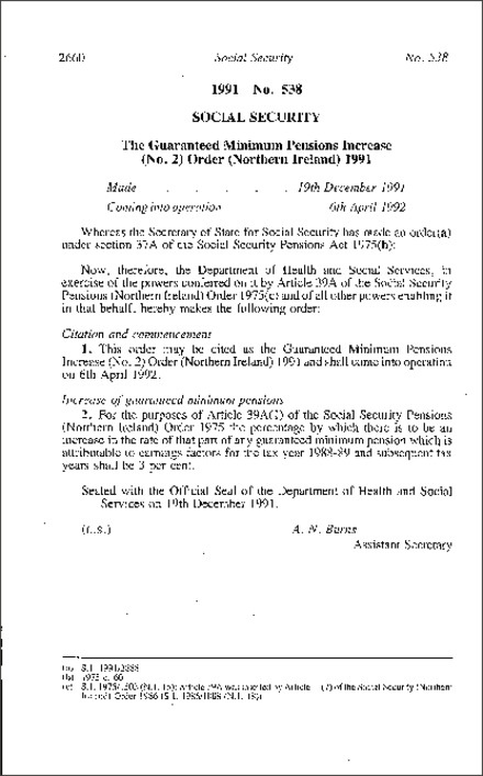 The Guaranteed Minimum Pensions Increase (No. 2) Order (Northern Ireland) 1991